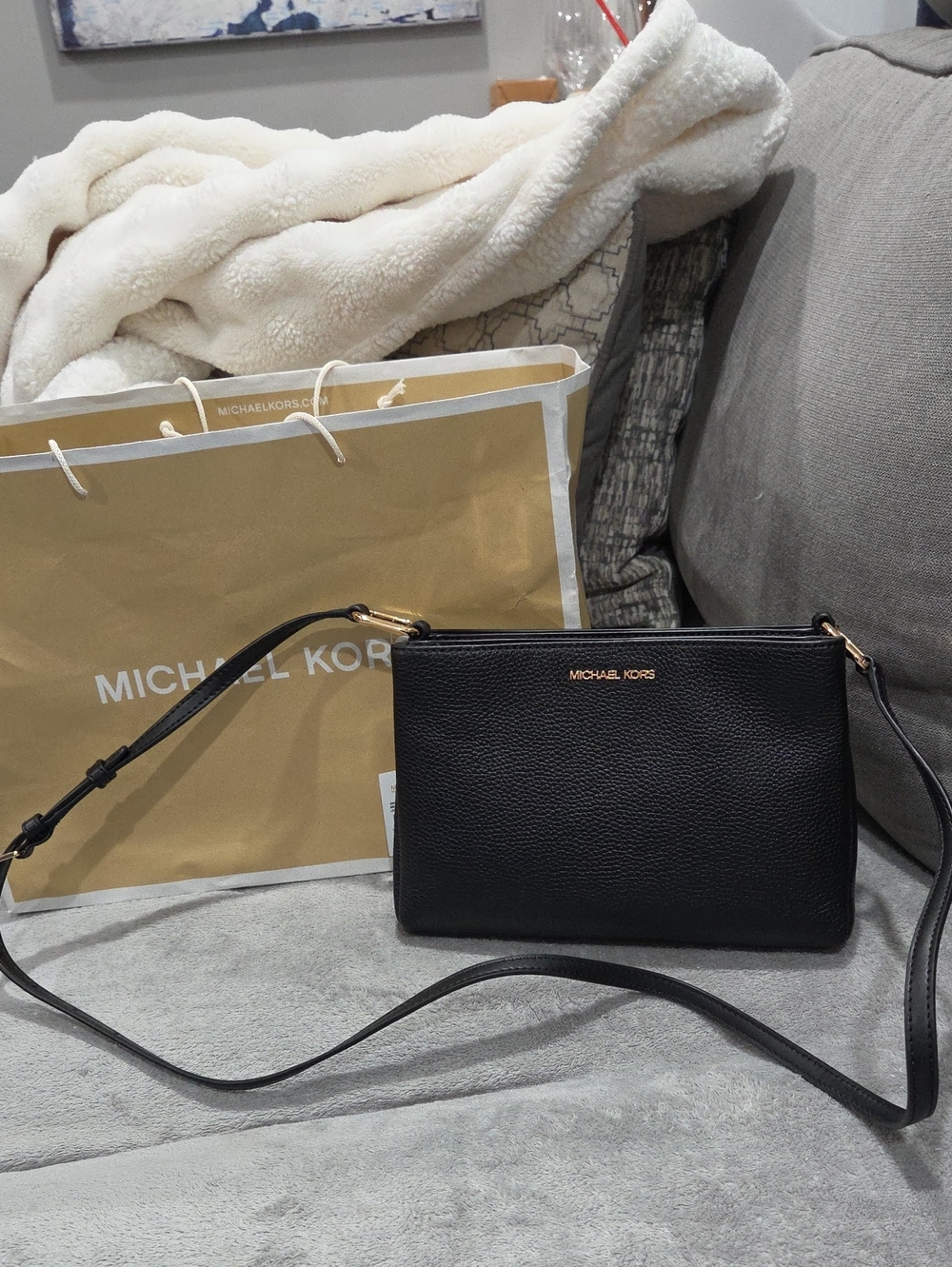 Michael Kors Trisha Black Pebbled Leather Small Crossbody with Gold Logo